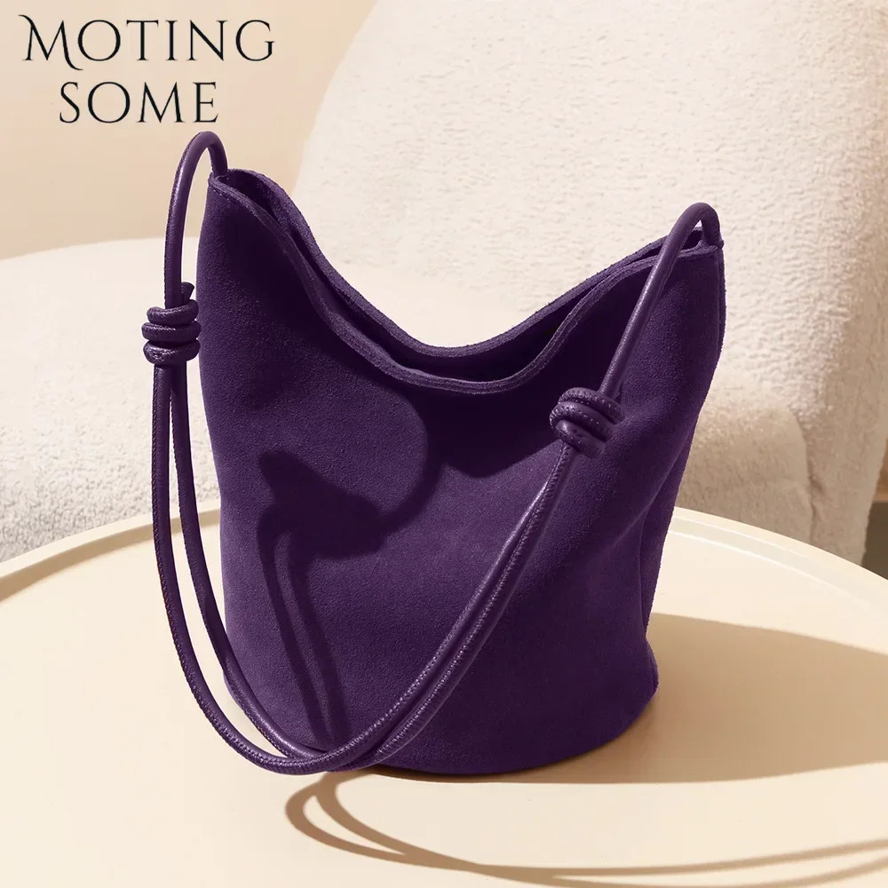 Motingsome Suede Leather Handbag Women Mini Bucket Tote Strings Shoulder Vintage Bags Winter Daily Commuting Purses 241021
