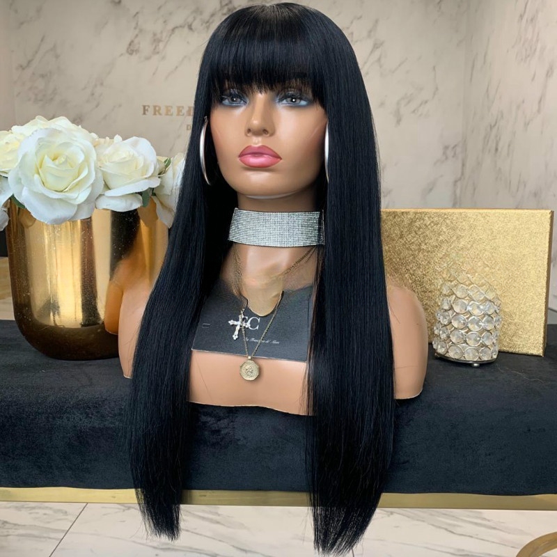 Wig for women long straight hair wig with bangs black fashion temperament face-shaping synthetic fiber wig