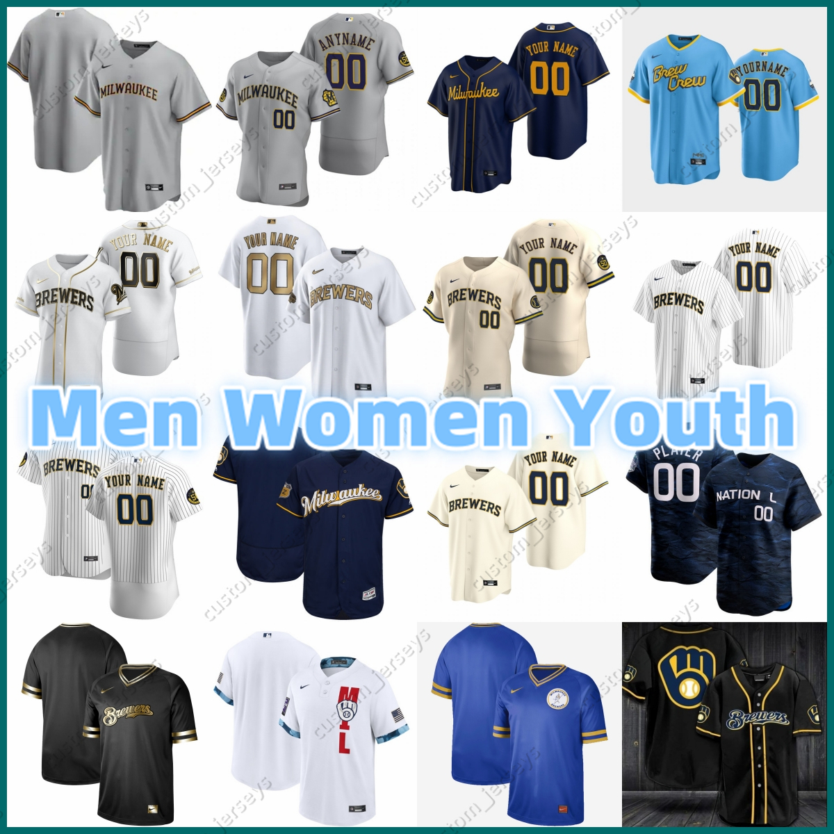 NFL Custom Brewers Baseball Jersey Christian 22 Yelich 12 Rhys Hoskins 24 William Contreras 10 Sal Frelick 27 Willy Adames 5 Garrett Mitchell 11 Jackson Chourio