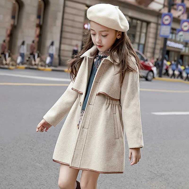 Winter beige thick long jacket little girls coat corset wool coat cotton trench jacket teenage girls coat 2-16Y W241023