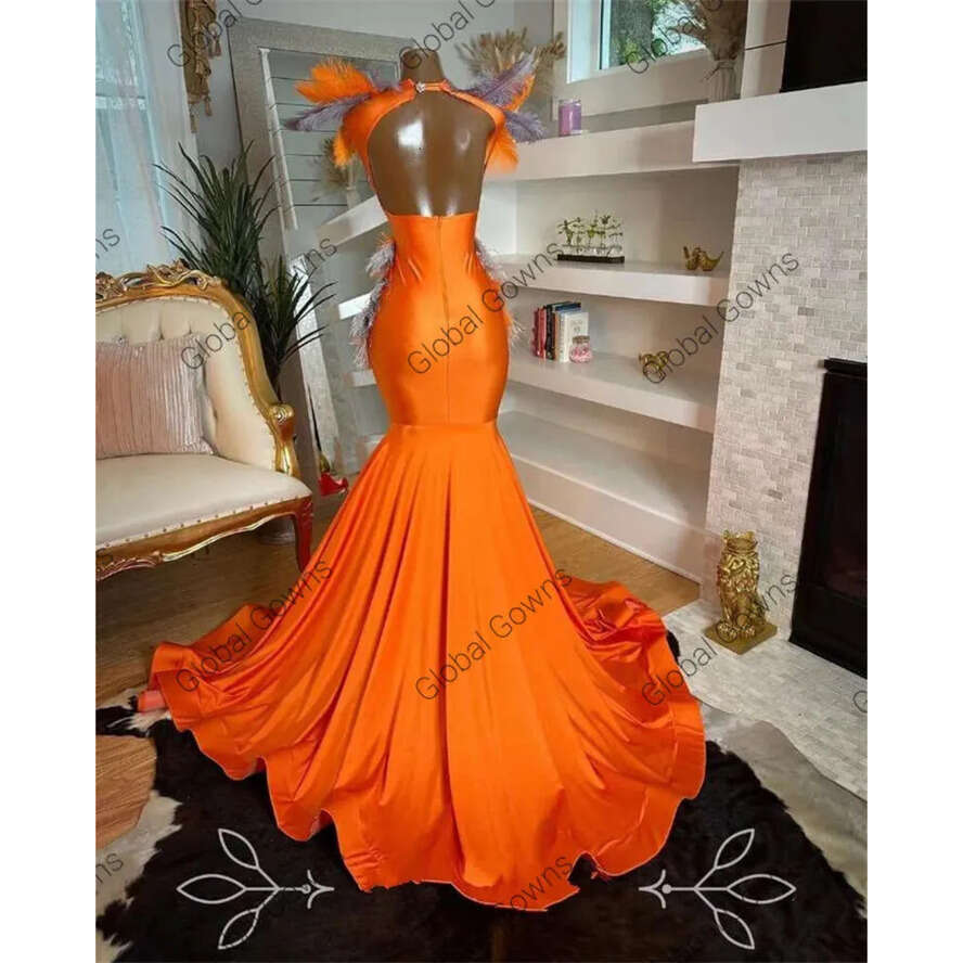 Orange High Neck Long Prom Dress For Black Girls 2024 Beaded Crystal Rhie Birthday Party Dresses Feathers Evening Gown