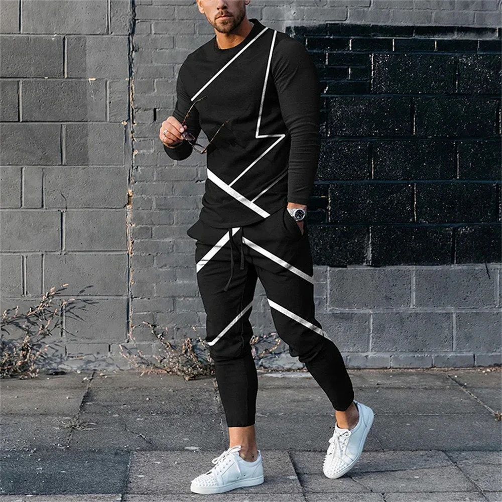 Spring Mens Tracksuits Fashion T-shirt Long sleeved TopTrousers 2-piece Printed Sweatshirt Loose Set Large Zipper 241024