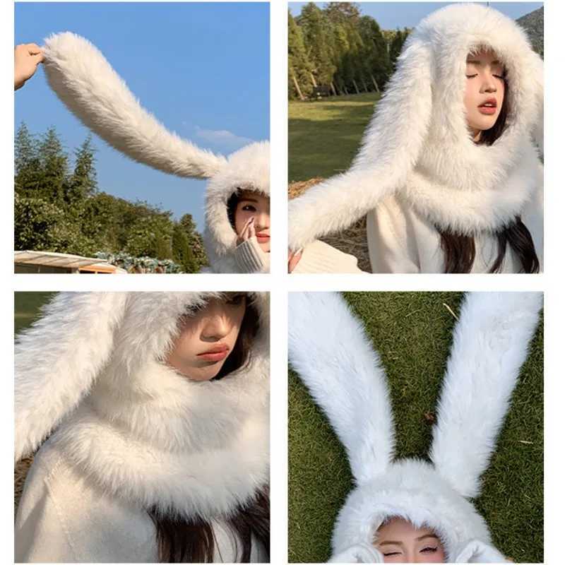 Bonnie Bunny White Plush Rabbit Ear Hat Winter Cute Warm Balaclava Scarf Integrated Neck Protection Hat Beanies X241023