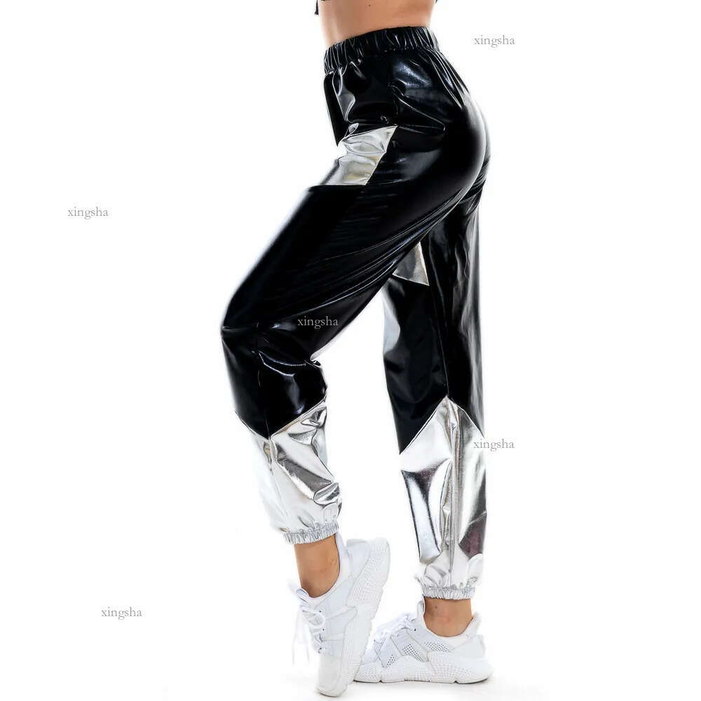 Women Reflective Long Pants with Pockets High Waist Loose Holographic Patchwork Trousers Club Dance Jogger Pants Clubwear LJ201130