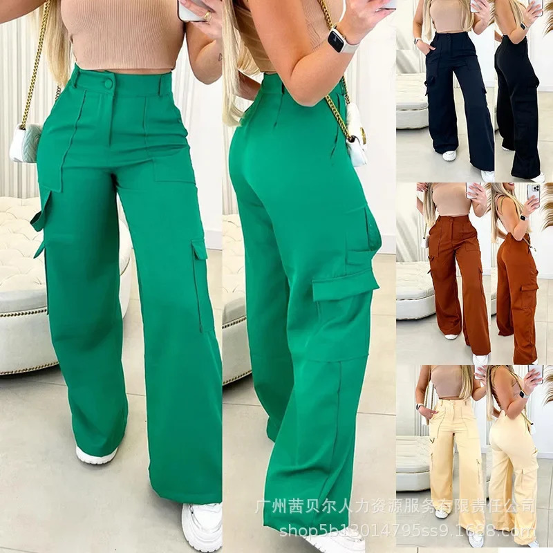 Wide Leg Trousers Solid Color Street Clothing Fashion Product Pants Womens Green Casual Patch Pocket High Waist Straight Pants 241023