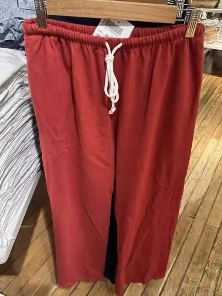 Red elastic waistband brushed loose womens autumn trend straight leg pants loose and versatile 241023