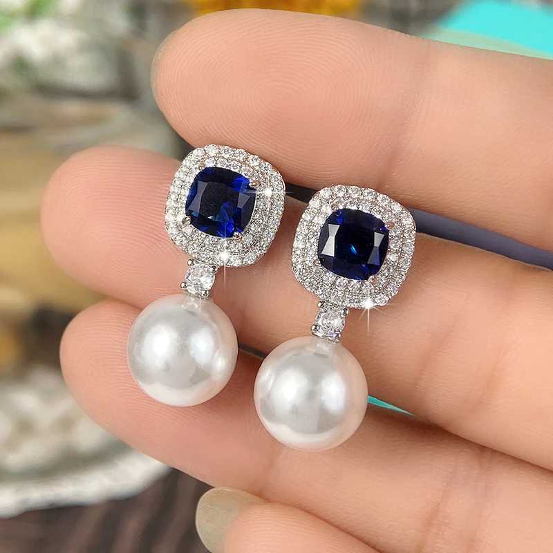 Huitan Gorgeous Blue Cubic Zirconia Imitation Pearl Earrings for Womens Engagement Wedding Party Temperature Elegant Earrings W241023