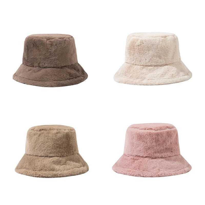 Soft winter plush warm bucket hat suitable for warm girls solid color foldable wide brown Panama hat outdoor windproof travel basin hat X2410231