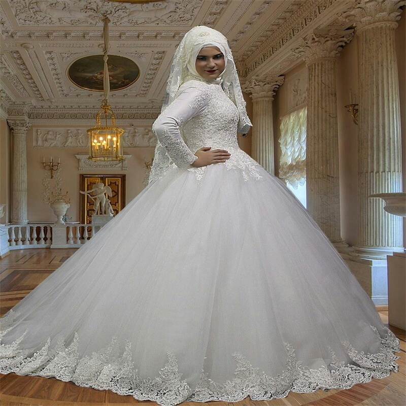 Gorgeous Muslim Wedding Dresses White A Line High Neck Lace Civil Bridal Dress Long Sleeve Islamic Grecian Country Garden Bride Dress Elegant Vestio D