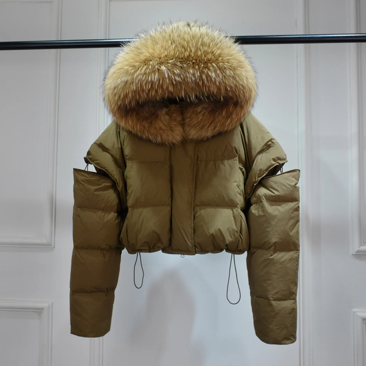 Dazhen Raccoon Fur Hooded Waterproof Winter Short Inflatable Jacket Detachable Sleeves Womens Duck Down Jacket Womens Parka 241023