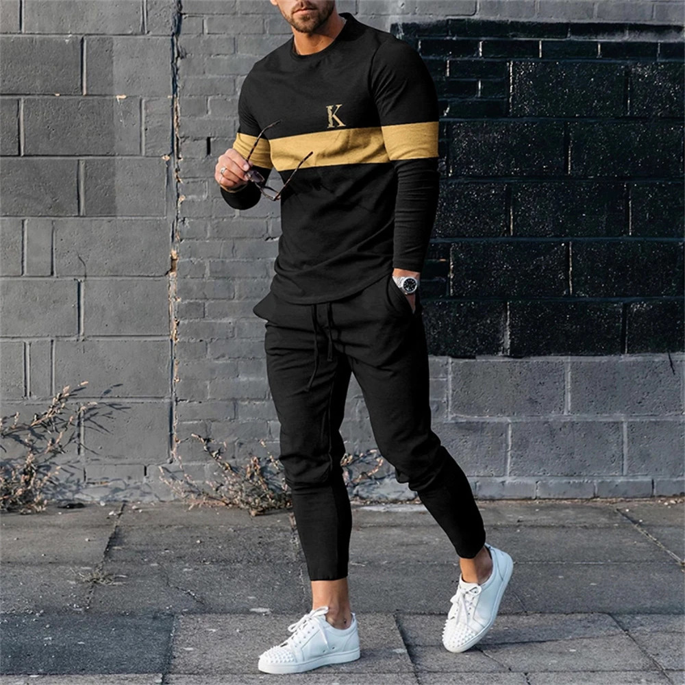 Mens long sleeved t-shirt track wear 2-piece set sports shirt sports pants set printed top mens sports shirt 241024