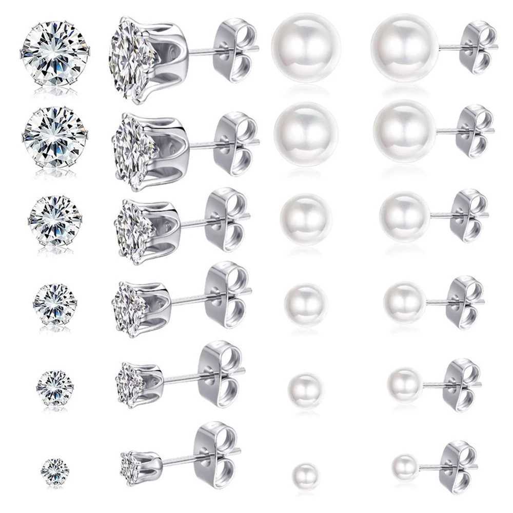 1 pair of stainless steel cubic zirconia pearl ball stud earrings set 3-8mm joint CZ stud earrings W241023