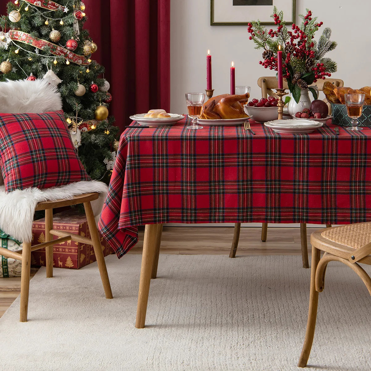 Rectangular checkered tablecloth for Christmas and Year family dining tablecloth picnic tablecloth circular tablecloth flute 241024