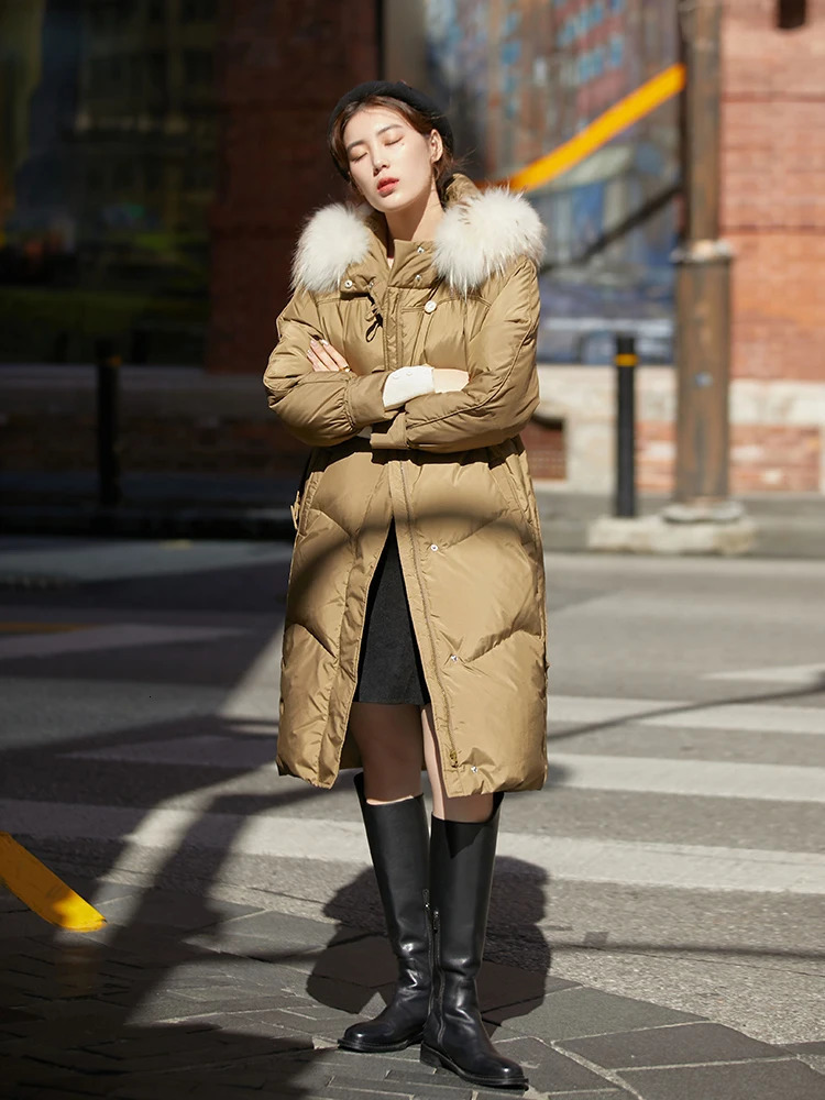 DUSHU Womens Raccoon Fur Collar Medium length Down Jacket Olive Green Niche Style Warm Jacket Womens Black Long Jacket 241023