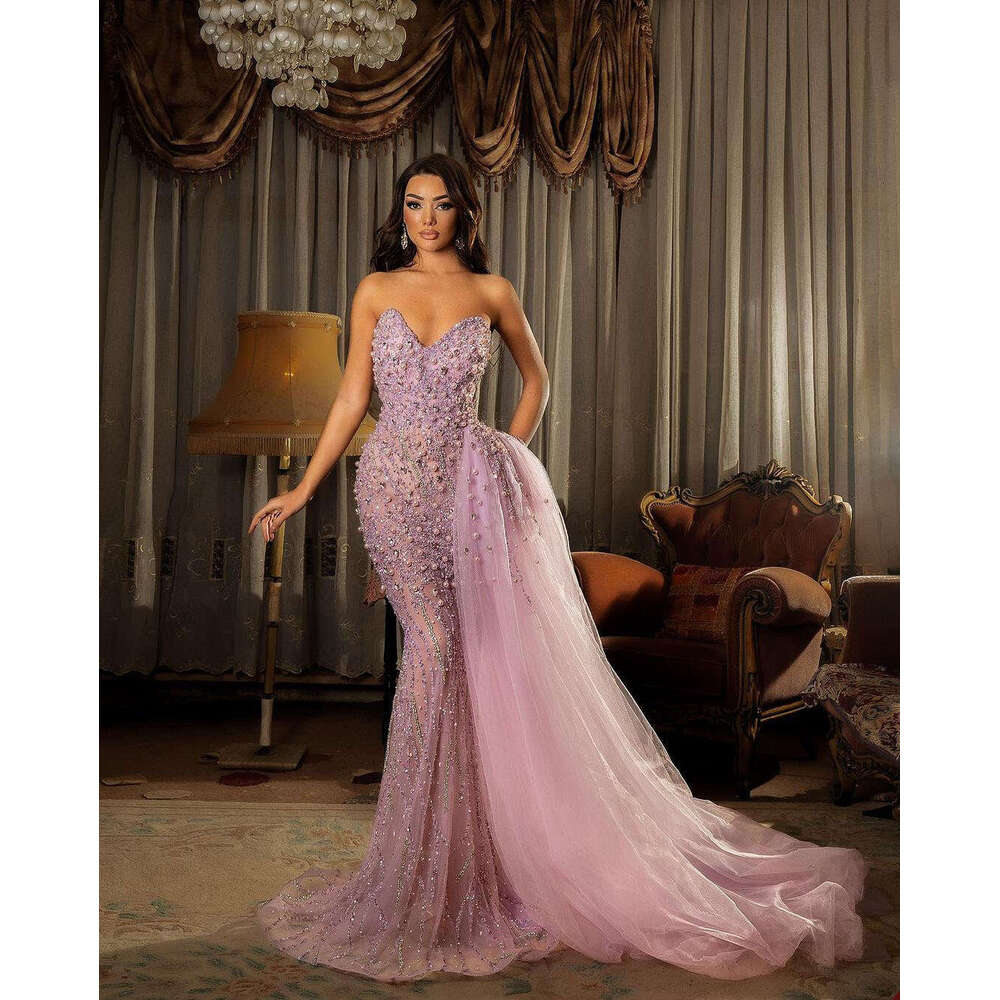Elegant Pink Mermaid Prom Dresses Sweetheart Neck Big Pearls Beads Evening Gowns Ruffles Formal Ocn Party Dress