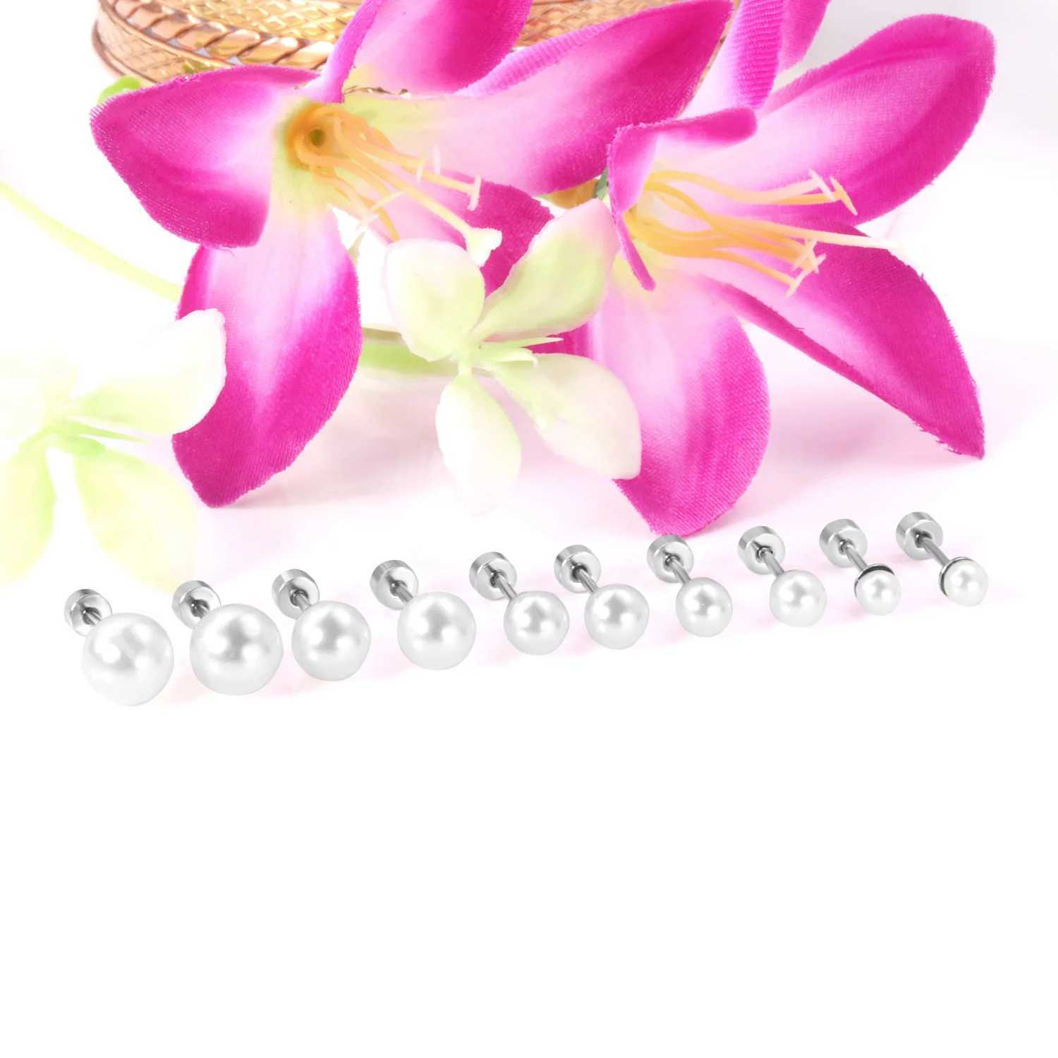 Pearl screw stud earrings womens stainless steel earrings 8mm white 20G perforated sleep mens fashionable earrings W241023