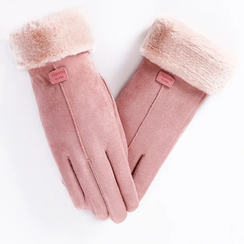 Winter Female Cashmere Warm Suede Leather Cycling Mittens Double Thick Velvet Plush Wrist Women Touch Screen Driving Gloves 241024