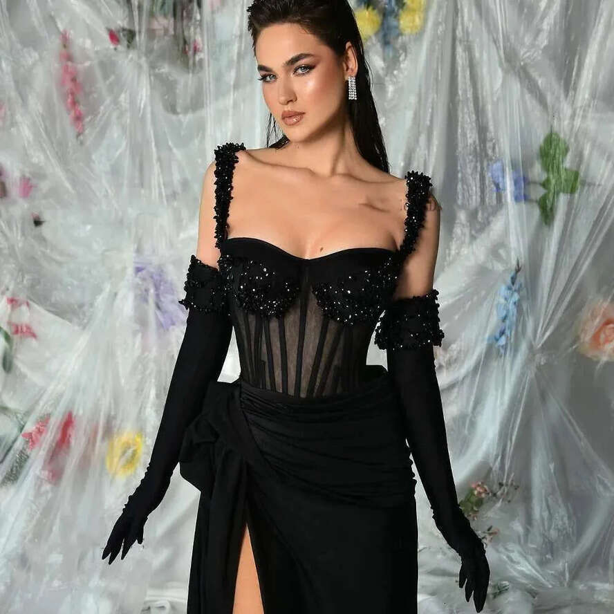 Sexy Black Formal Evening Dresses Sweetheart Neck Mermaid Prom Gowns Beads Pleat High Slit Celebrity Party Dress