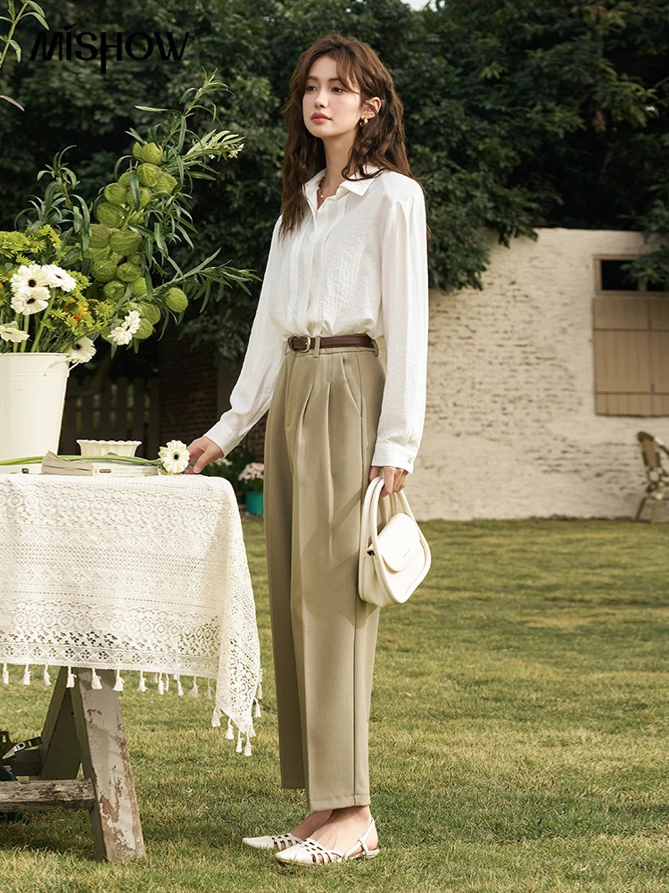 Mishhow French Tea Break Womens Casual Pants Spring High Waist Loose Pants Zipper Flying Pocket Solid Trouser MXD12K0599 241023