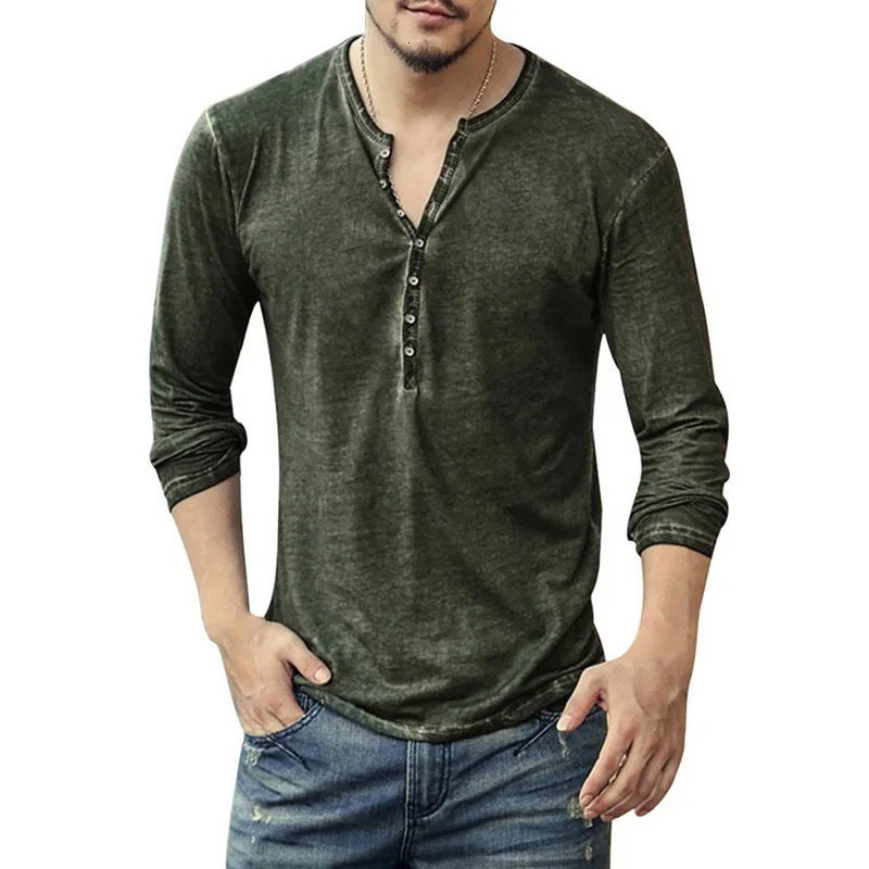 Mens T-shirt V-neck long sleeved T-shirt and top fashionable button T-shirt autumn casual Henry solid color mens clothing 5XL 241024