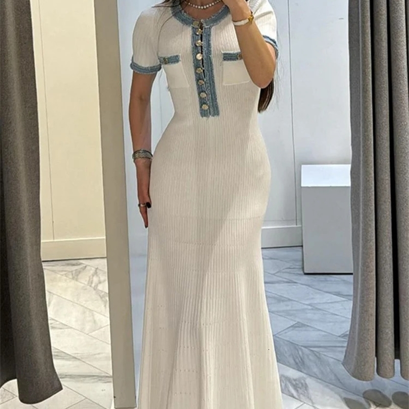 Elegant V Neck Denim Patchwork Knitted Long Dres Fashion Short Sleeved Buttons Bodycon Dresses Office Lady Pockets Robes 241007