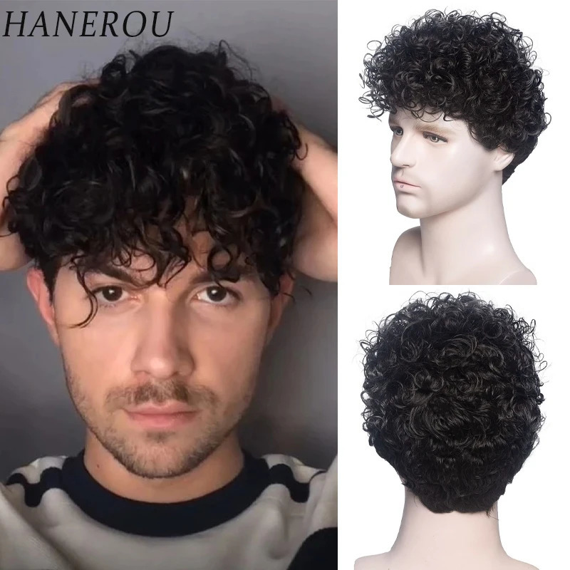 HANEROU Short Men Synthetic Wig Curly Black Natural Wigs with Bangs High Temperature Fiber for Daily Cosplay Party 241024