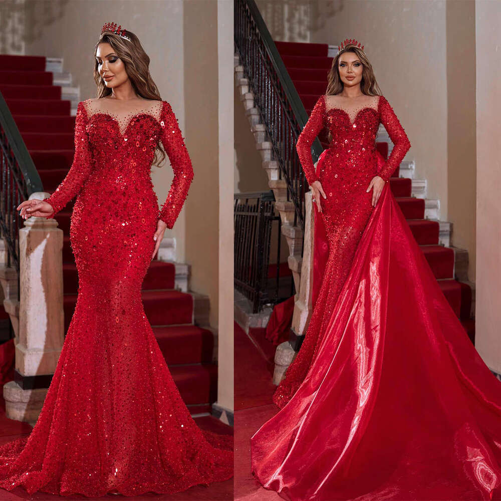 Sexy Sequined Full Sleeve Prom Dresses Pearls Crsytal Lace Mermaid Evening Dress Women or Length Party Gowns Custom Made