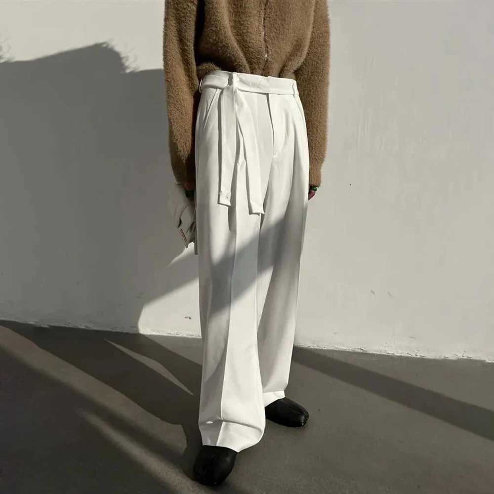 Harajuku Belted Suit Pants Mens Fashion Oversize Casual Trousers French Loose Wide Leg Pants Streetwear Blazer PantnX241023