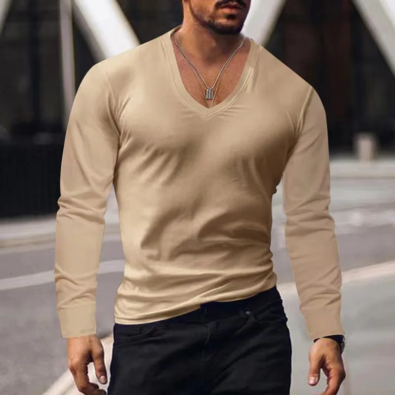 Spring/Summer/Autumn Mens T-shirt Casual Long Sleeve Fitness Solid Sexy V-neck Mens T-shirt 241024