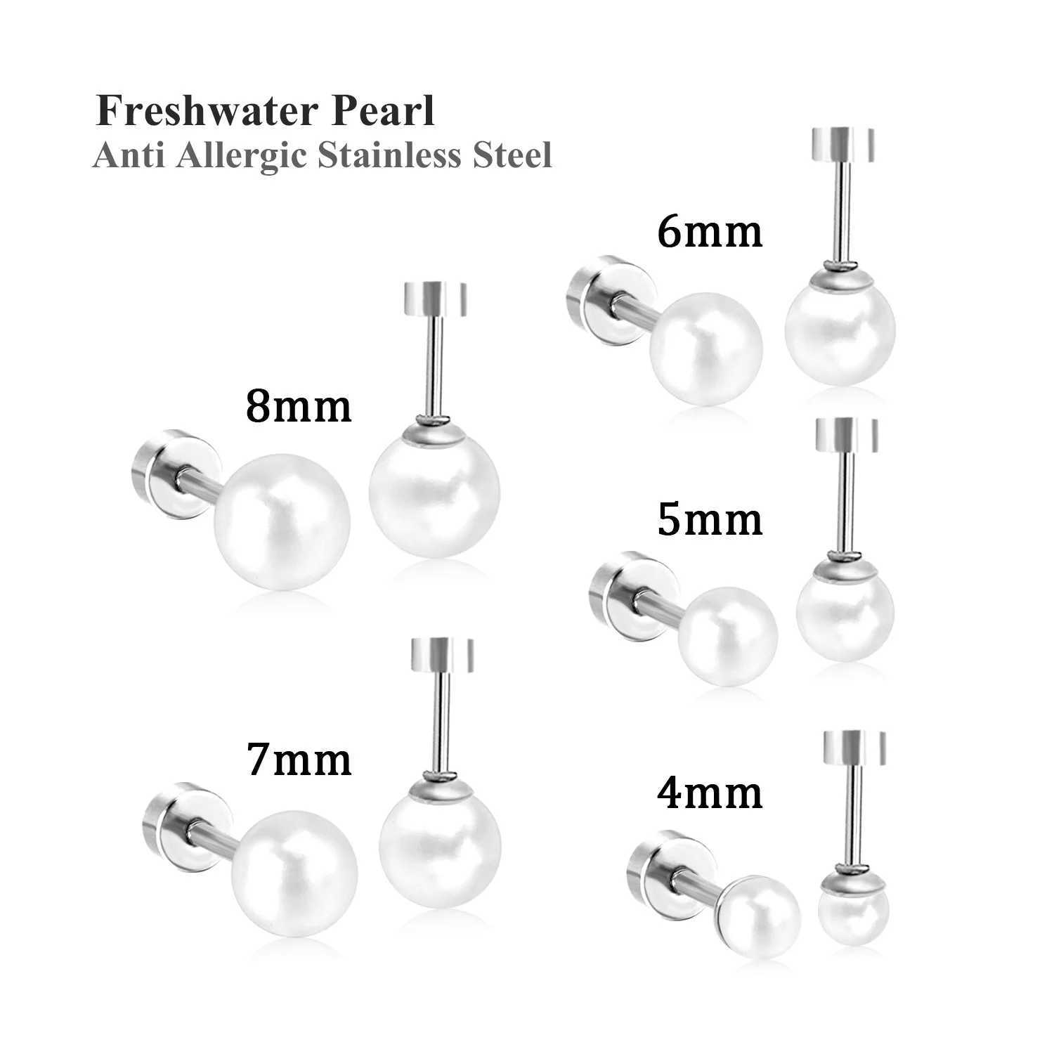 Pearl screw stud earrings womens stainless steel earrings 8mm white 20G perforated sleep mens fashionable earrings W241023