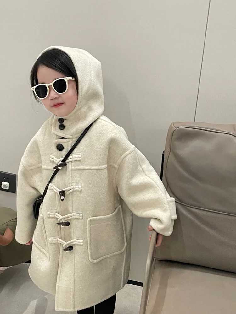 Winter boys and girls outerwear autumn new Korean temperature horn button hooded wool coat fashionable cardigan wool coat W241023