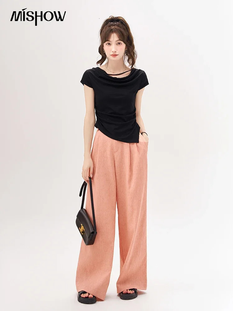 MISHOW Womens Casual Solid Pants Summer Womens French High Waist Loose Unique Straight Wide Leg Full Length Pants MXC38K0432 241023