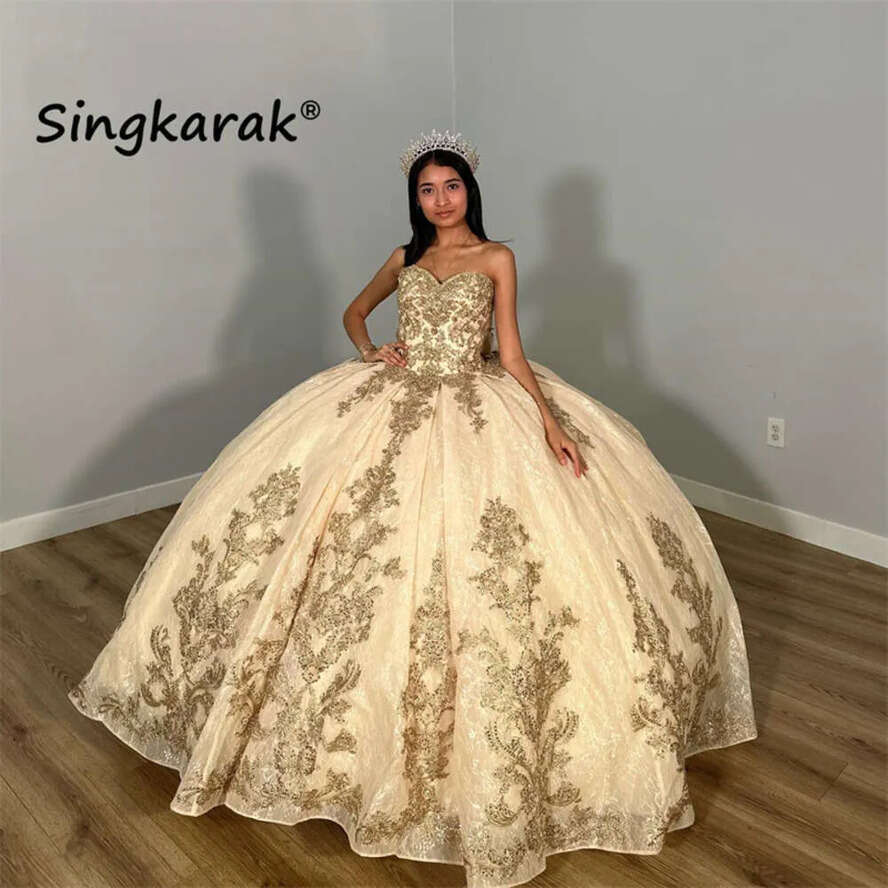 New Arrival Princess Champane Quinceanera Dresses Ball 2023 Sweet 16 Dress Crystals Lace Appliques Birthday 15Th Party Gown
