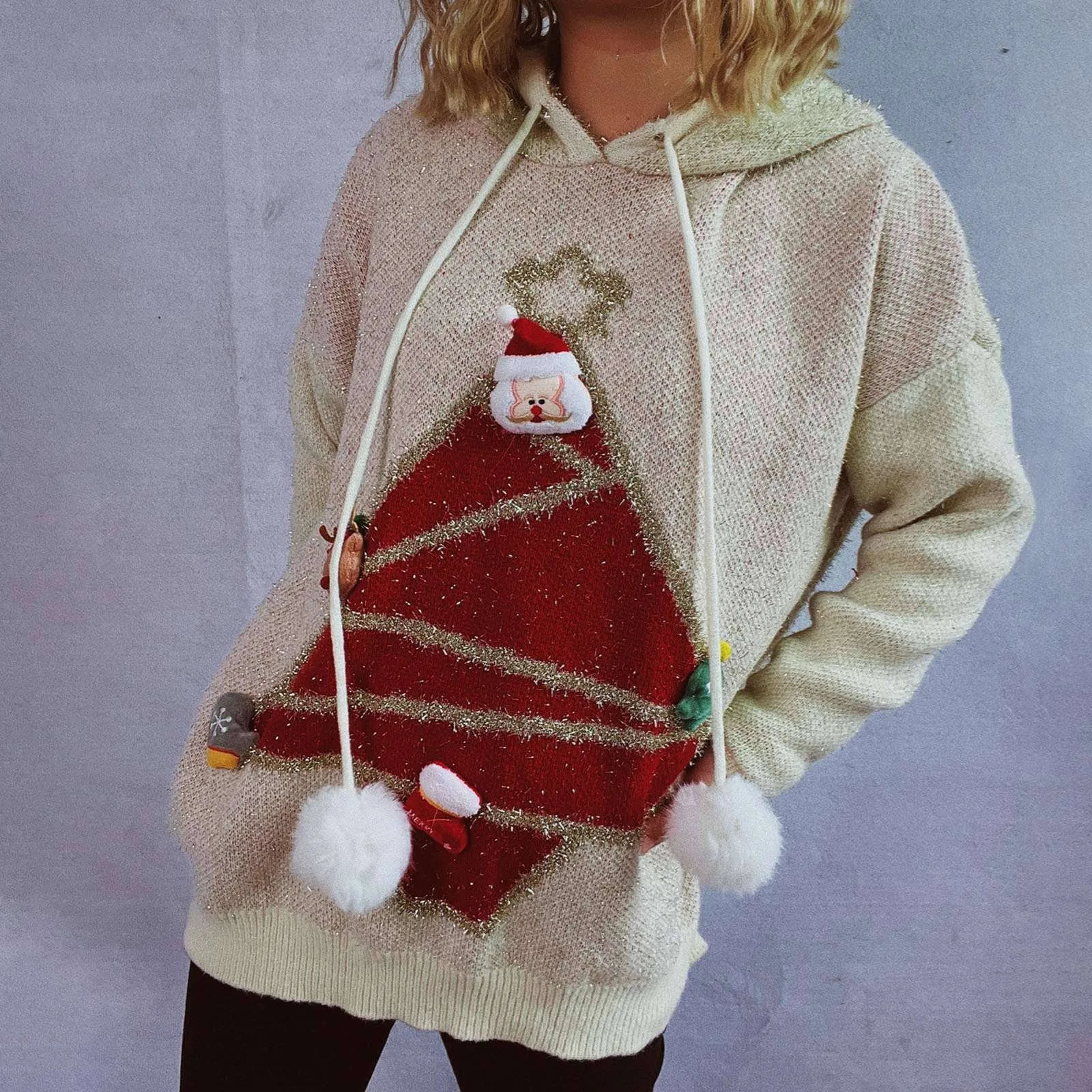 Full matching Christmas tree hooded womens sweater loose and ugly Christmas sweater fashionable casual zipper thick knitted sweater 241024