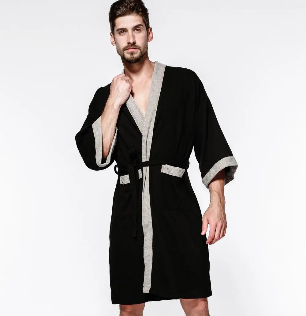 Cotton waffle mens kimono bathroom gown pajamas couples black evening gown loose casual sauna Yukata spring and summer home wear 241023