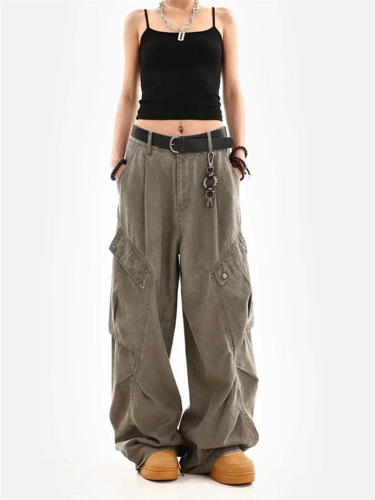 Womens Multi Pocket Splicing Unisex Pants Retro Street Wide Leg Girl Bottom Womens High Waist Bag Trouser 241023