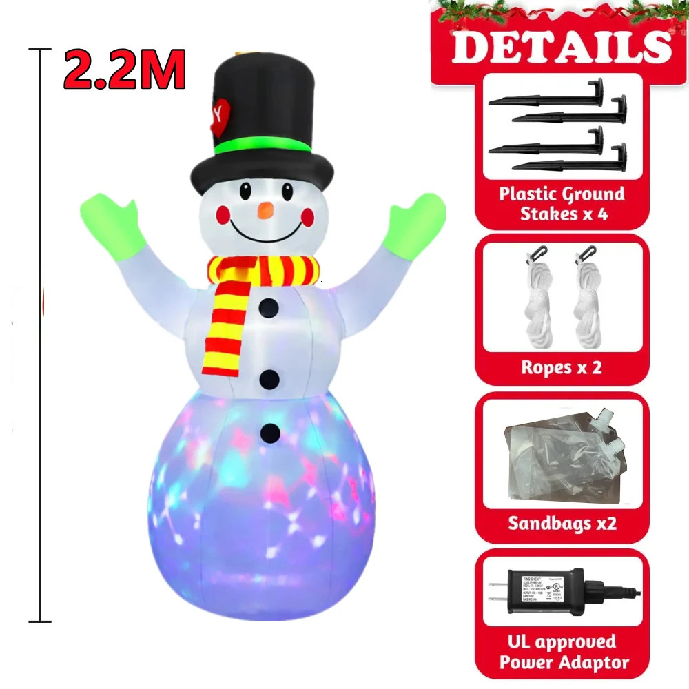 2.2M/7-foot Christmas inflatable green gloves snowman outdoor model with built-in rotating LED lights for indoor and outdoor Christmas decoration 2410