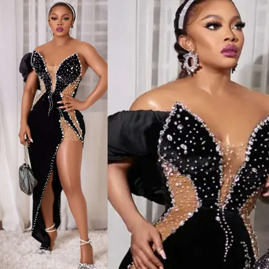 Mermaid Asymmetrical Aso Ebi Prom Dresses One Shoulder Sleeves Front Split Black Sexy Gala Sparkg Dress Event Dance Evening Gowns Short