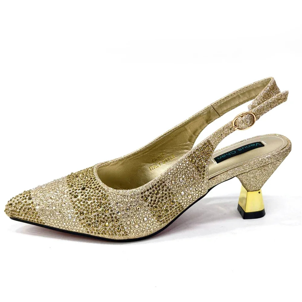 Venus Chan 2024 Hot Selg INS Pointed-Toe Style High Heels Sandal With Bag Set In Gold Color For Wedding Party Women