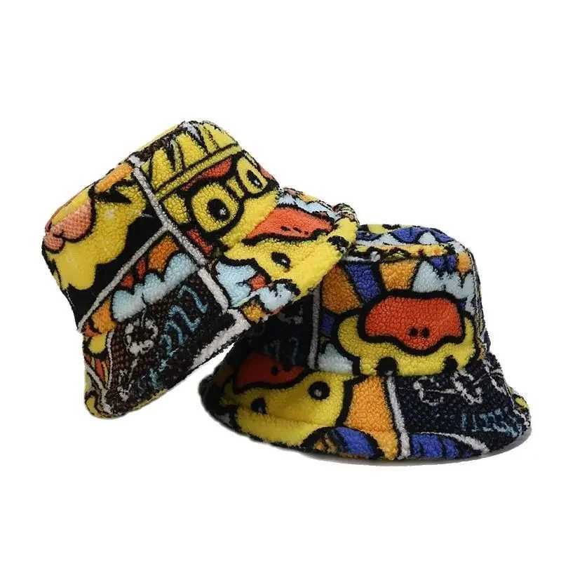 New cute cartoon duck print winter bucket hat suitable for mens thick women with fluffy fur warm Panama hat outdoor fisherman hat party X241023