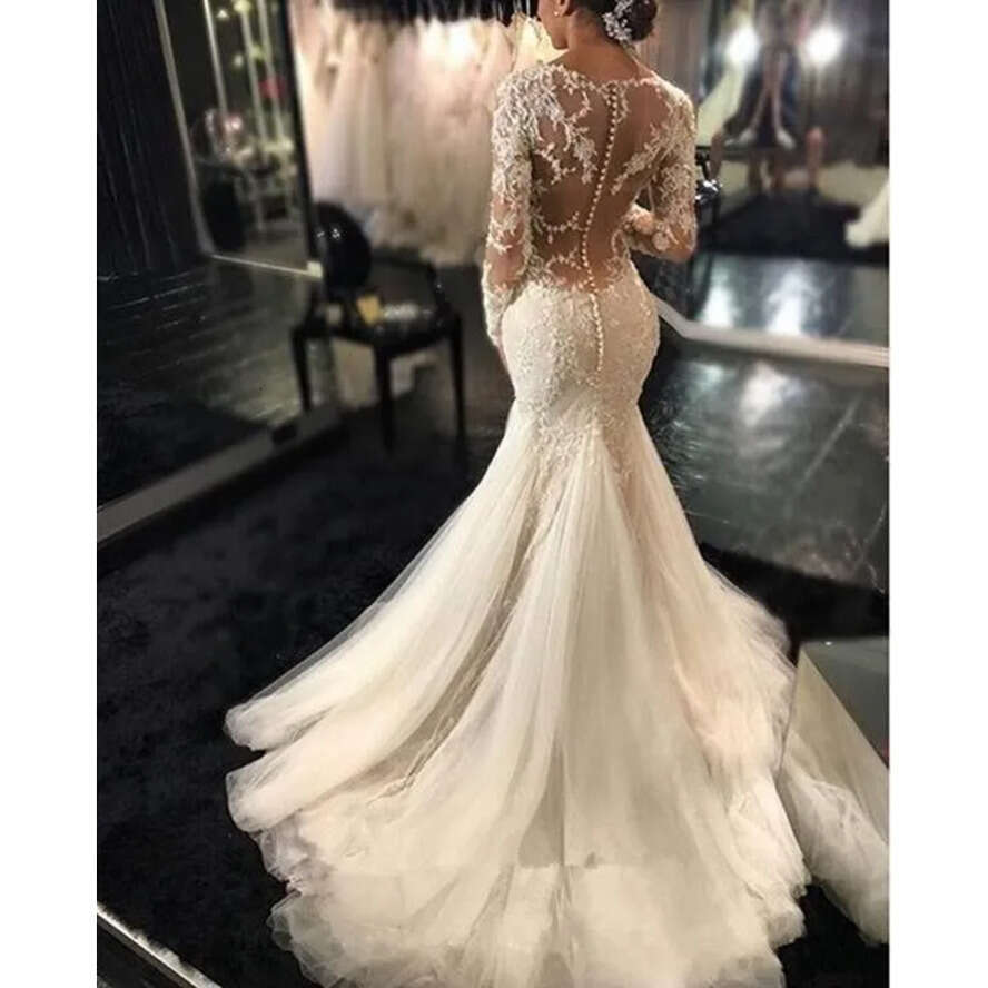 Modern Mermaid Dresses Sexy Long Sleeves Lace Appliques Beaded Sheer Back Plus Size Court Train Custom Wedding Dress Bridal Gowns