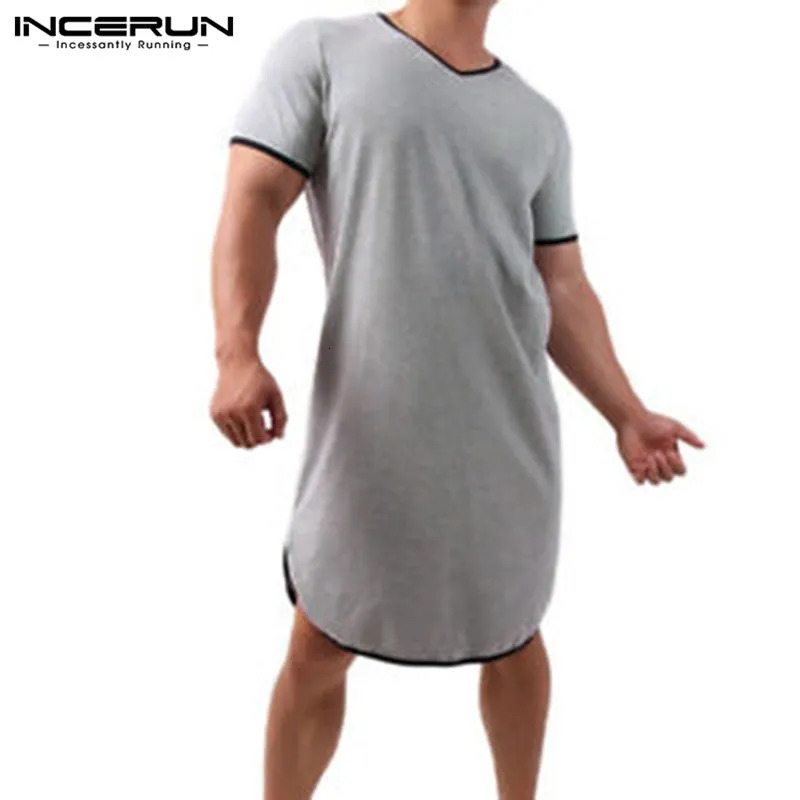 INCERUN mens patch work pajamas summer short sleeved V-neck mens loose and comfortable mens casual solid evening gown plus size 241023