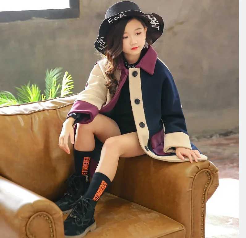 Girls hot selling patch work wool jacket autumn thick warm trench jacket 4-12 years childrens clothing big childrens fashion park W241023