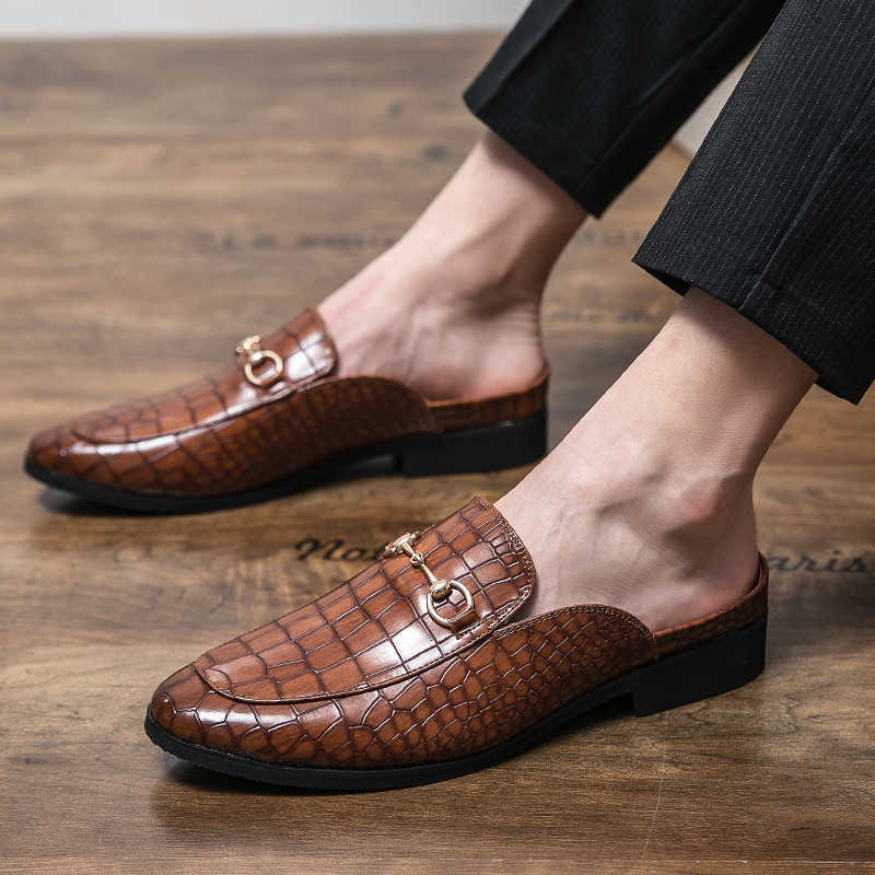 Men Dress Shoes Summer Slippers Mens Casual Shoes Half Drag Leather Shoes Large Korean Version Lazy Half Drag Small Leather Shoes 241009