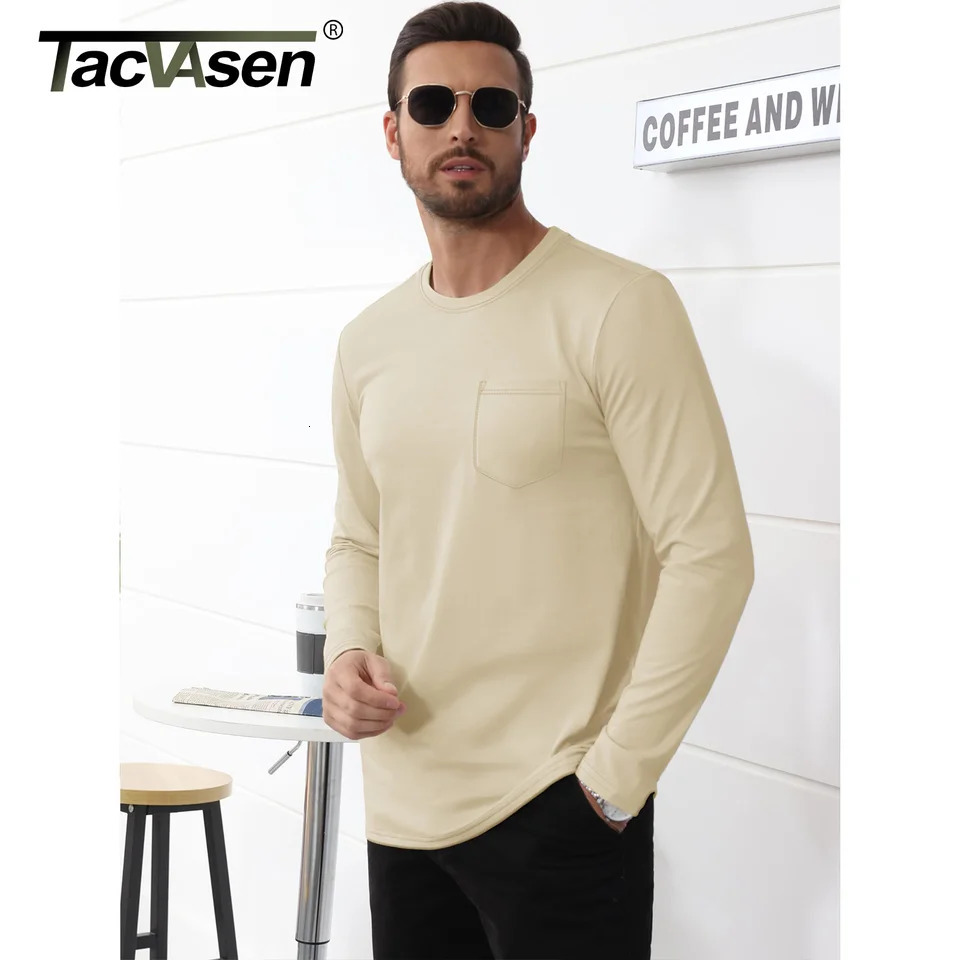 TACVASEN long sleeved cotton T-shirt mens chest pocket casual T-shirt moisturizing staff neck basic tee top mens zipper 241024