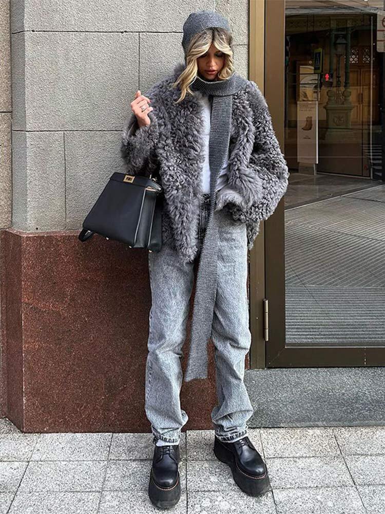 Grey Lapel Faux Fur Coat For Women Fashion Long Sleeves Thick Warm Cardigan 2024 Autumn Winter Chic Lady High Street Outerwear