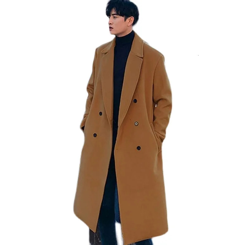Autumn and winter mens mid length coat thickened fashionable wool coat Korean loose casual double corset 241024