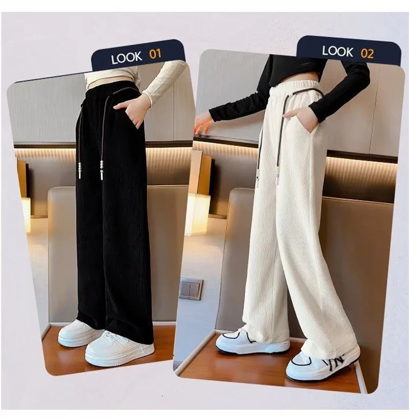 Autumn and Winter Corduroy Trousers Girls Velvet Wide Leg Sports Pants Fashion Loose Casual Pants Childrens Sports Straight Pants 241024
