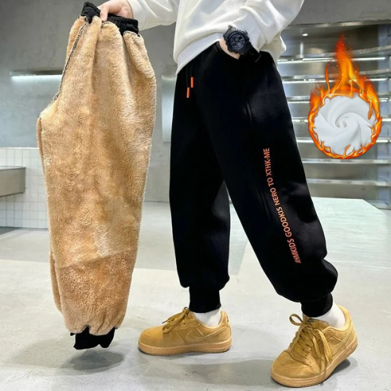 Boys Thick Lambswool Pants Winter Youth Plush Velvet Trouser Childrens Cotton Sports Pants Big Childrens Warm Snow Clothes 5-14Y 241024