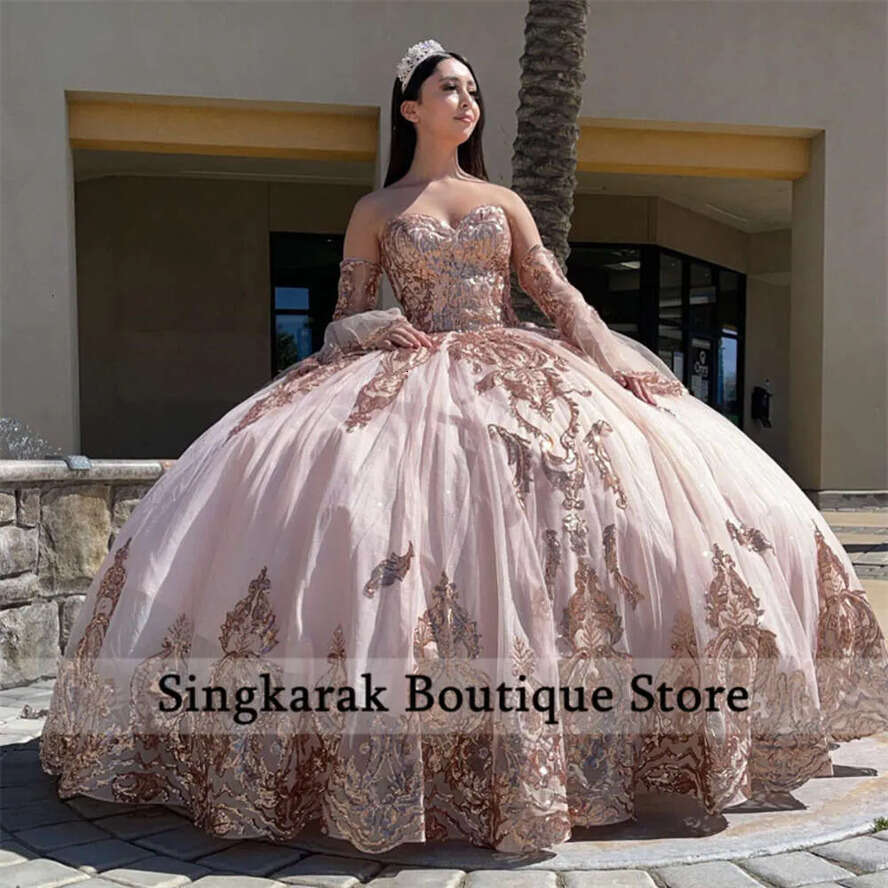 Glitter Pink Princess Quinceanera Dresses Bell Gloves Rose Gold Sequins Appliques Sweet 15Th Prom Party Vestidos Ruffles